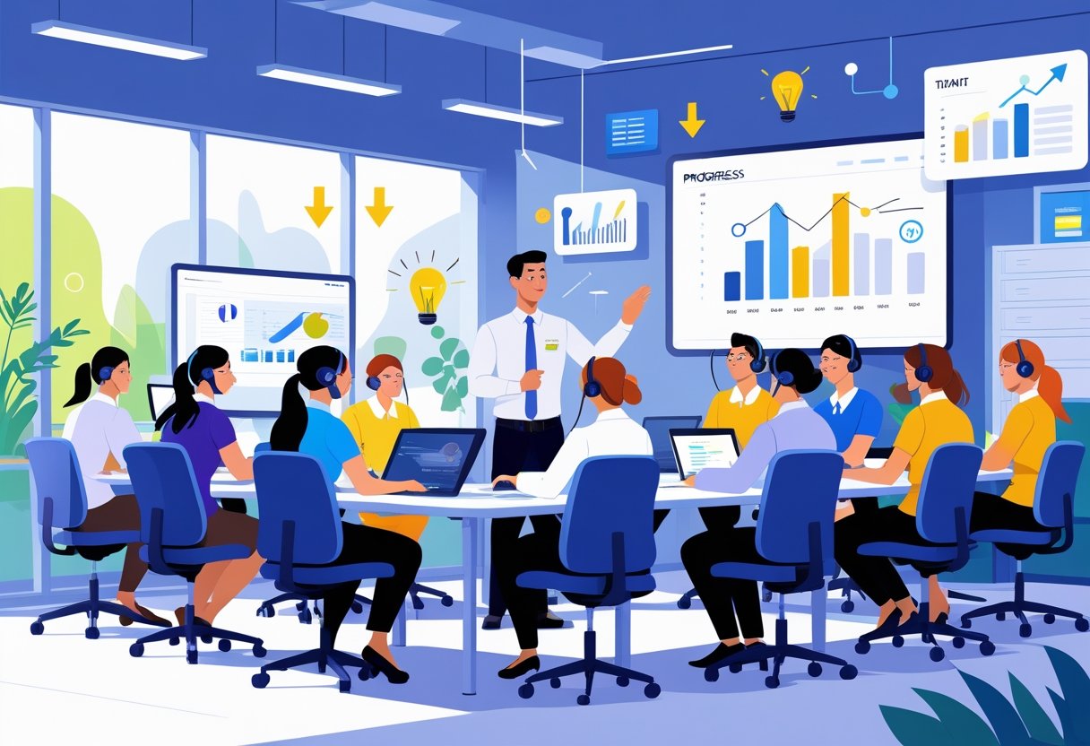 Call centre staff engaged in a training session with an instructor in a modern office setting.