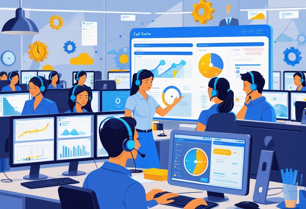 A busy call centre with staff wearing headsets working at computers while a trainer assists one employee, showing techniques on a digital screen in a supportive environment.