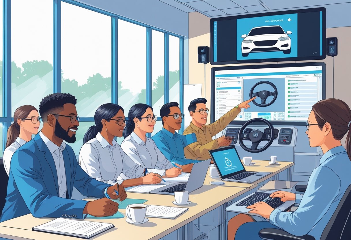 A group of call centre staff attending a driving training session with an instructor and a driving simulator in a bright training room.