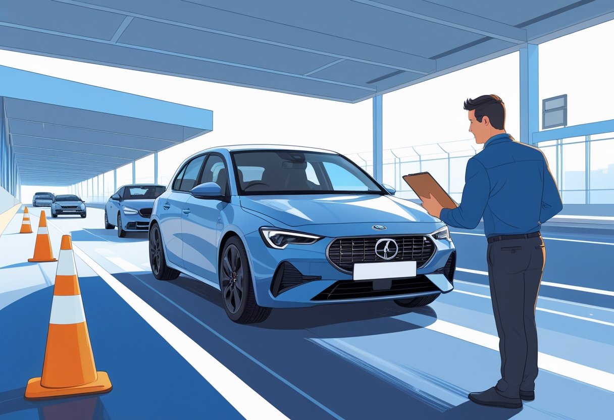 A retail manager learning to drive with an instructor beside a car on a training track.