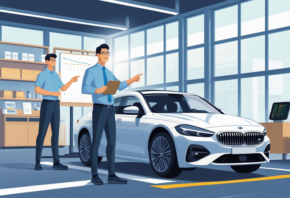 A retail manager in smart casual clothes stands next to a car inside a bright training facility while a driving instructor explains driving controls, with retail shelves and equipment visible in the background.