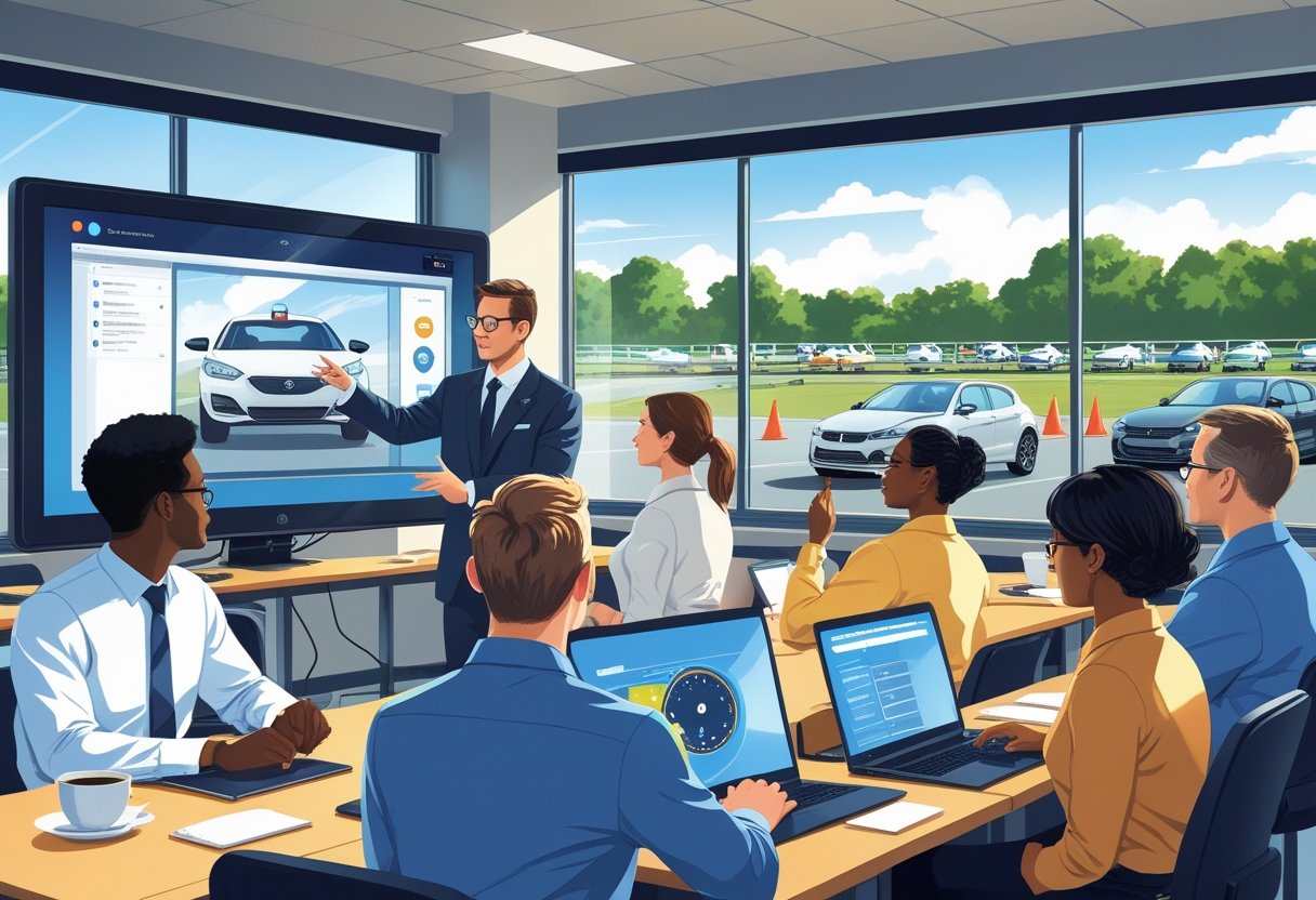 A group of retail managers attending a driving course in a classroom with a driving simulation on a screen and a driving range visible outside.