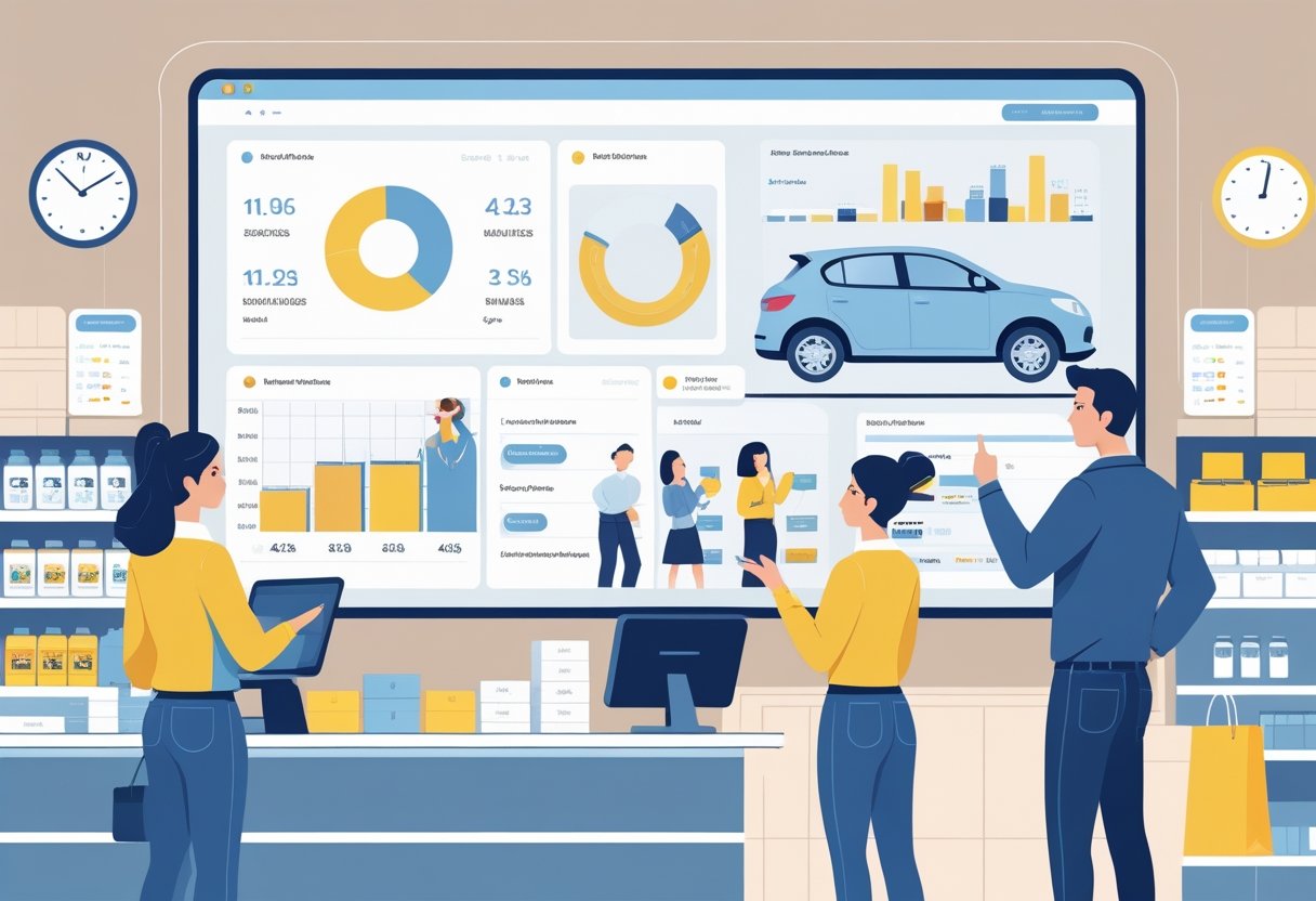 A retail manager in a store looking at a digital dashboard while being guided through a driving simulation by an instructor, surrounded by symbols of retail challenges like customers, inventory, and time.