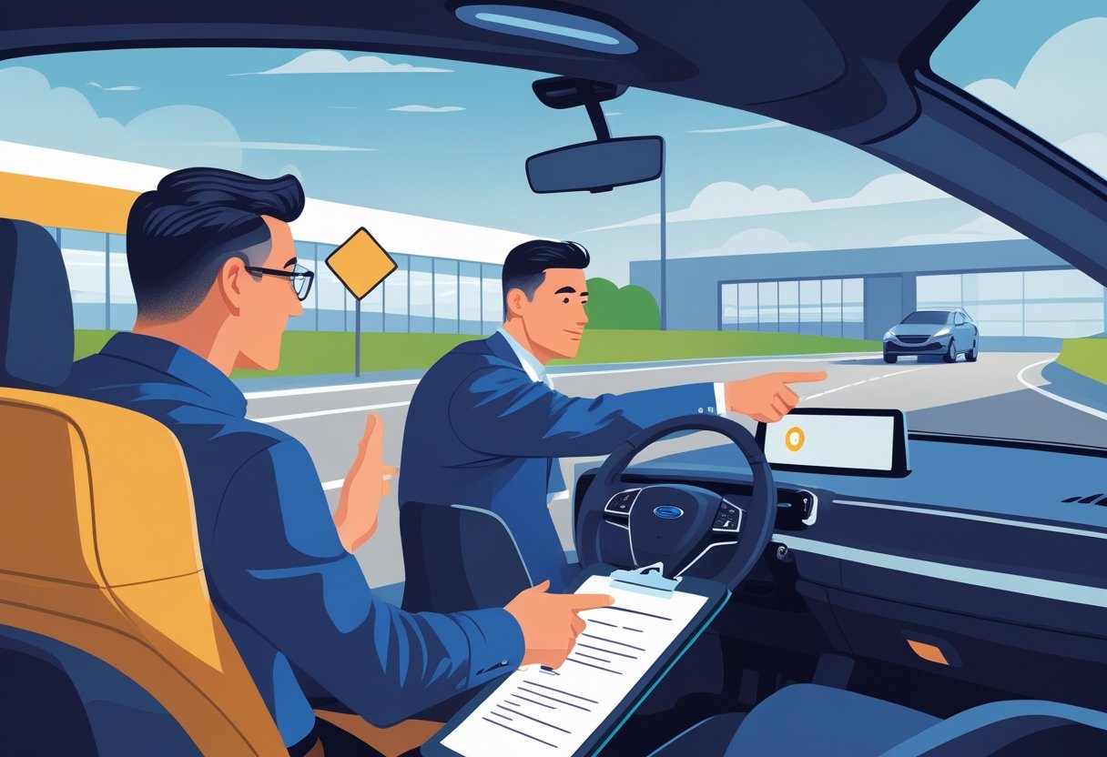 A retail manager receiving driving instruction beside a car on a training track with a retail store visible in the background.