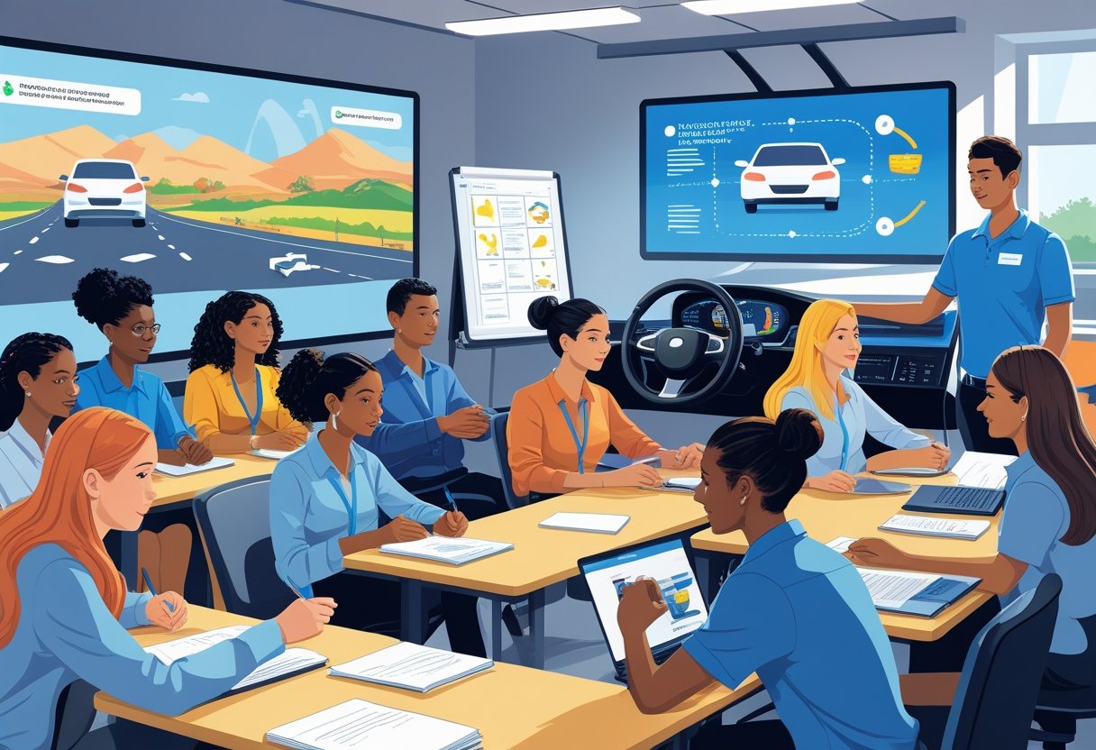 A group of customer service advisors attending a driving training session in a classroom with a driving instructor and a car simulator.