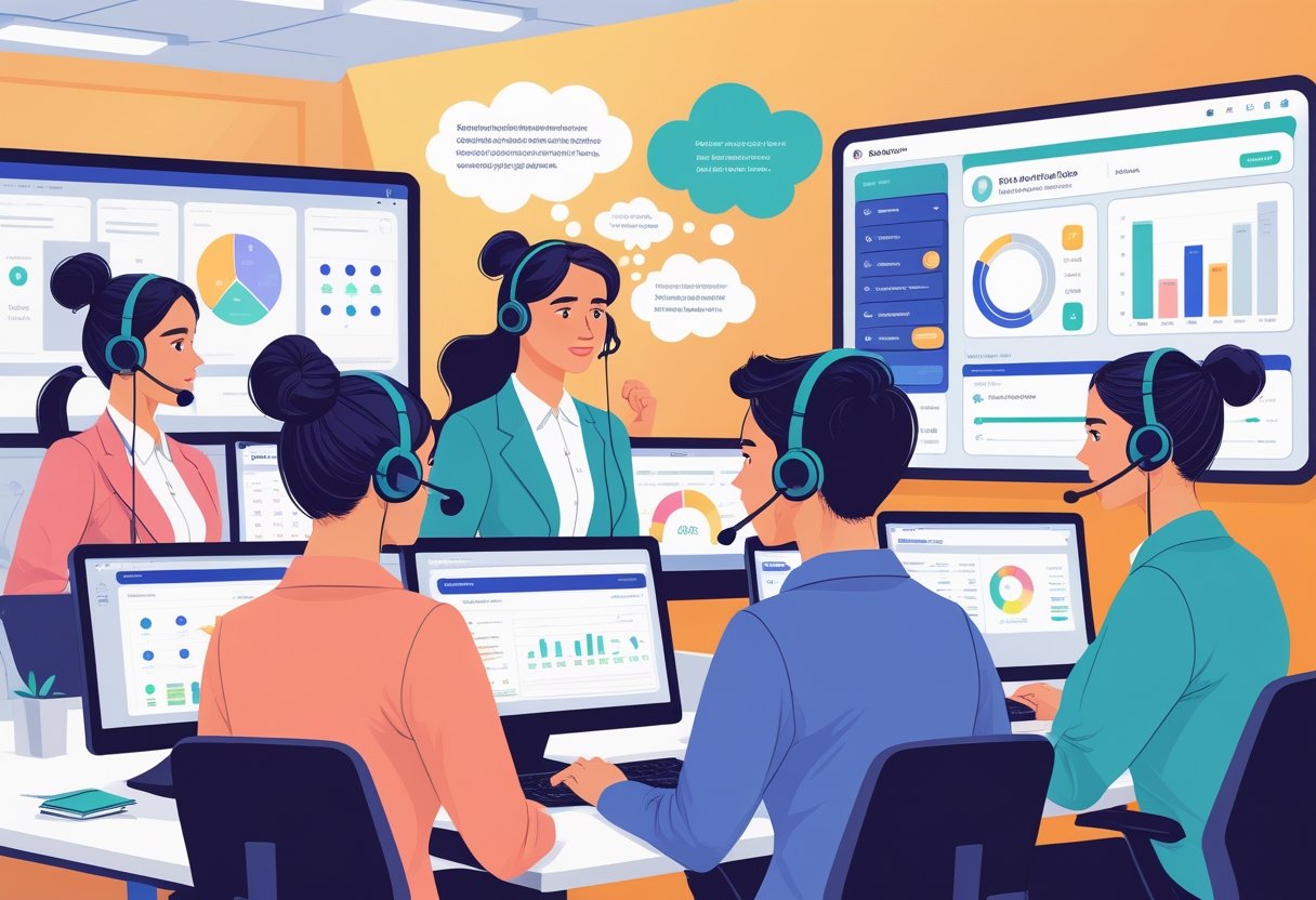 A group of customer service advisors working in an office, receiving guidance from a trainer to overcome challenges and improve their skills.