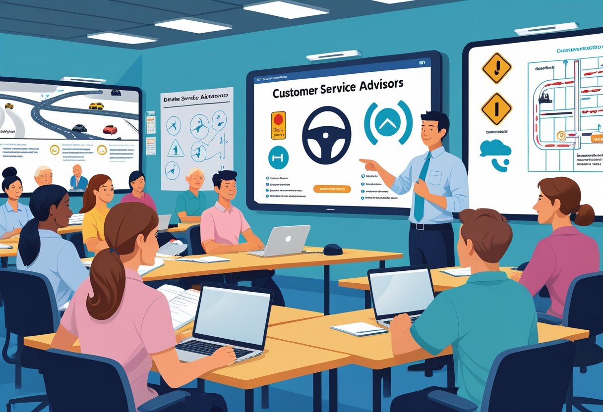 A group of adult learners in a bright classroom attentively listening to an instructor presenting driving and customer service concepts on a digital screen.