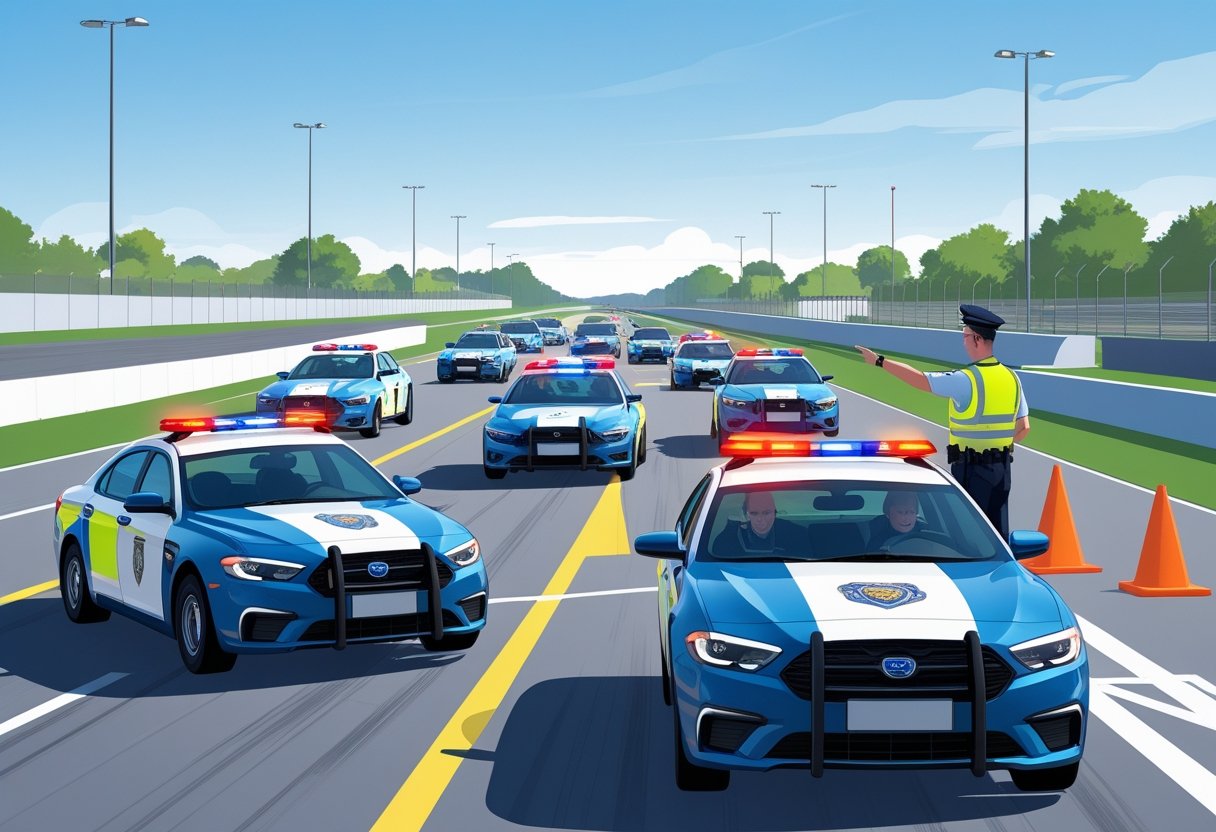 Police officers in uniform participating in a driving training session with police cars on a closed track and an instructor giving guidance.