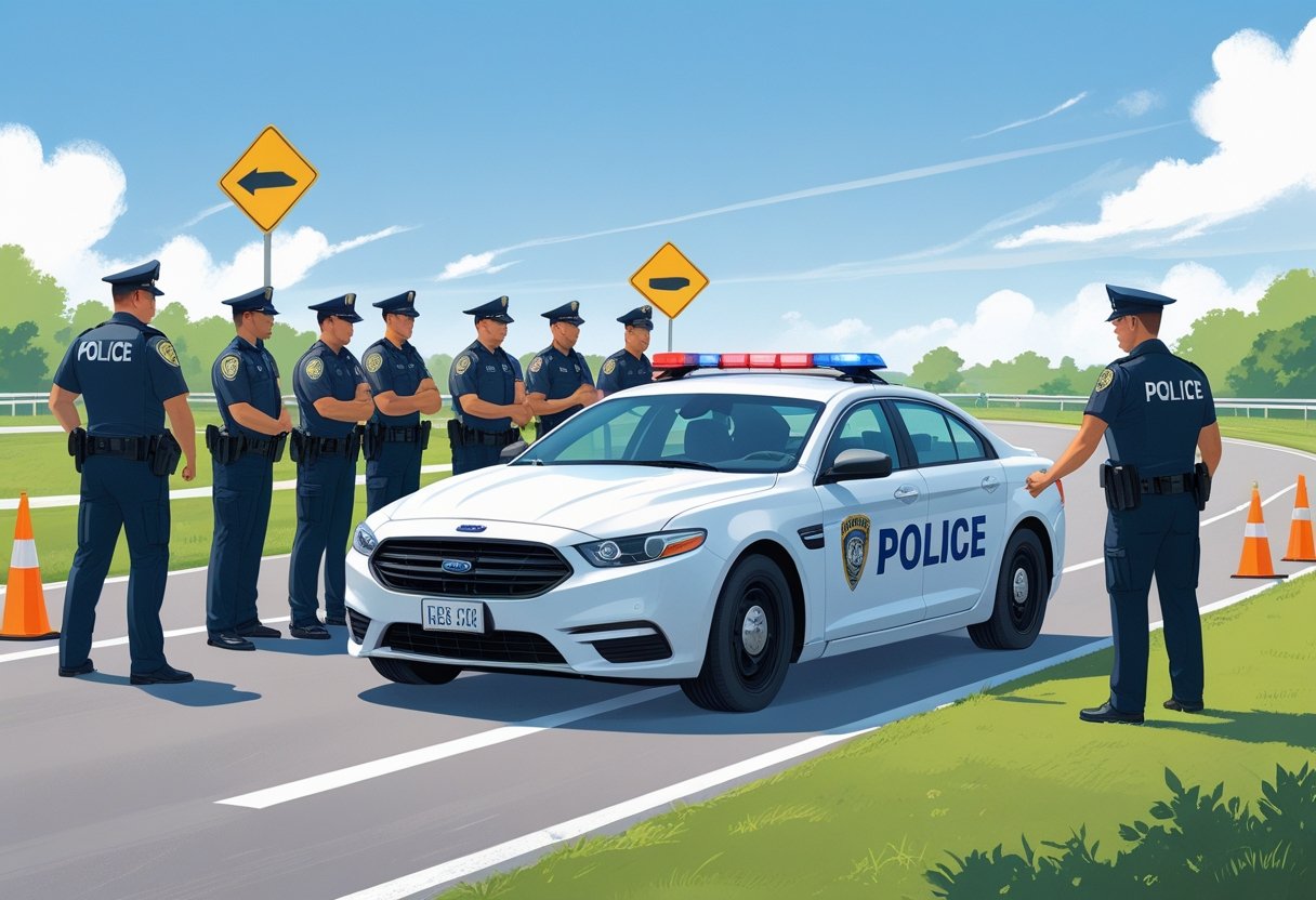 Police officers undergoing driving training with an instructor beside a police car on a closed driving course.