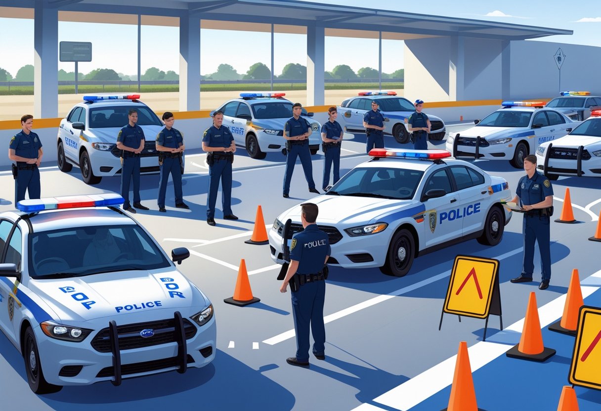 Police officers in uniform participating in a driving training session with patrol cars on a closed track supervised by an instructor.