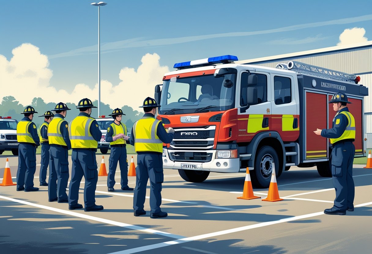 Firefighters in uniform practising driving a fire engine during a training session on a course with cones and road signs.