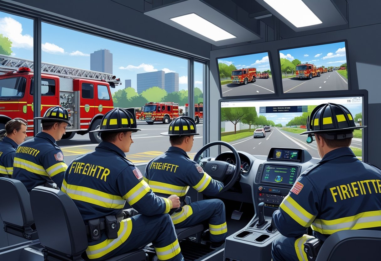Firefighters in uniform participating in a driving training session using simulators inside a training centre.