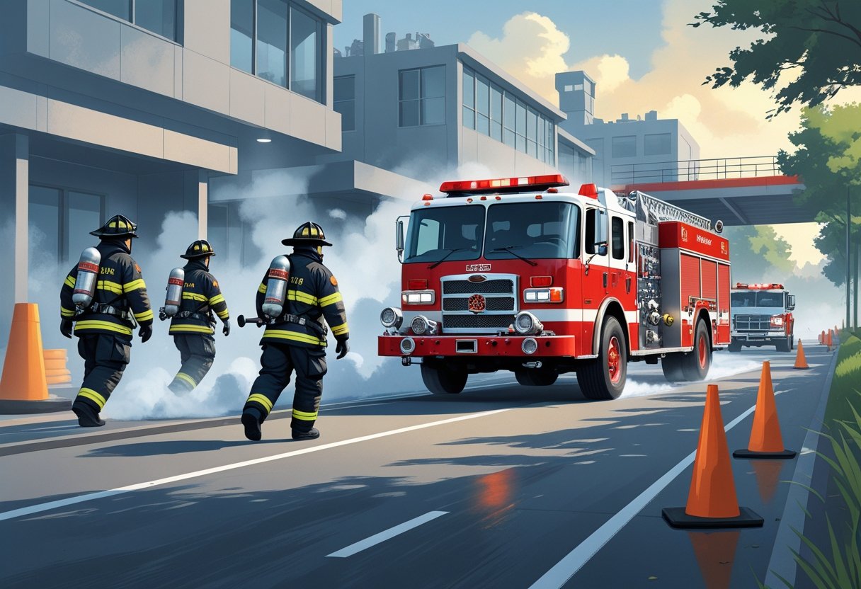 Firefighters in full gear driving a fire engine through a narrow urban street with smoke and firefighting equipment nearby, showing teamwork and training.