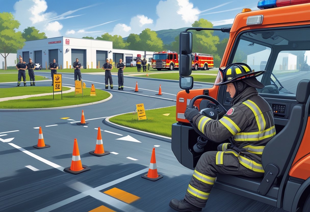A firefighter in full gear drives a fire truck through a training course with cones and obstacles while instructors watch nearby at a fire station training ground.