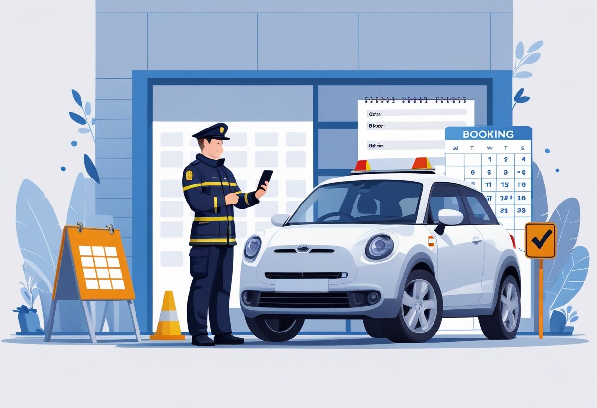 A firefighter in uniform stands next to a car, using a smartphone to book an intensive driving course, with a fire station and fire trucks in the background.