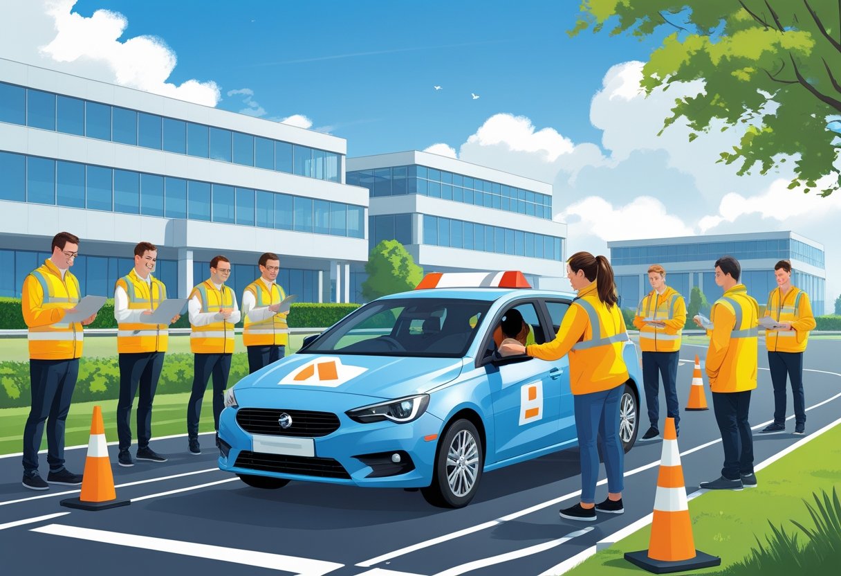A group of council workers in high-visibility jackets participating in a driving training session with an instructor in a car on a training track near council buildings.