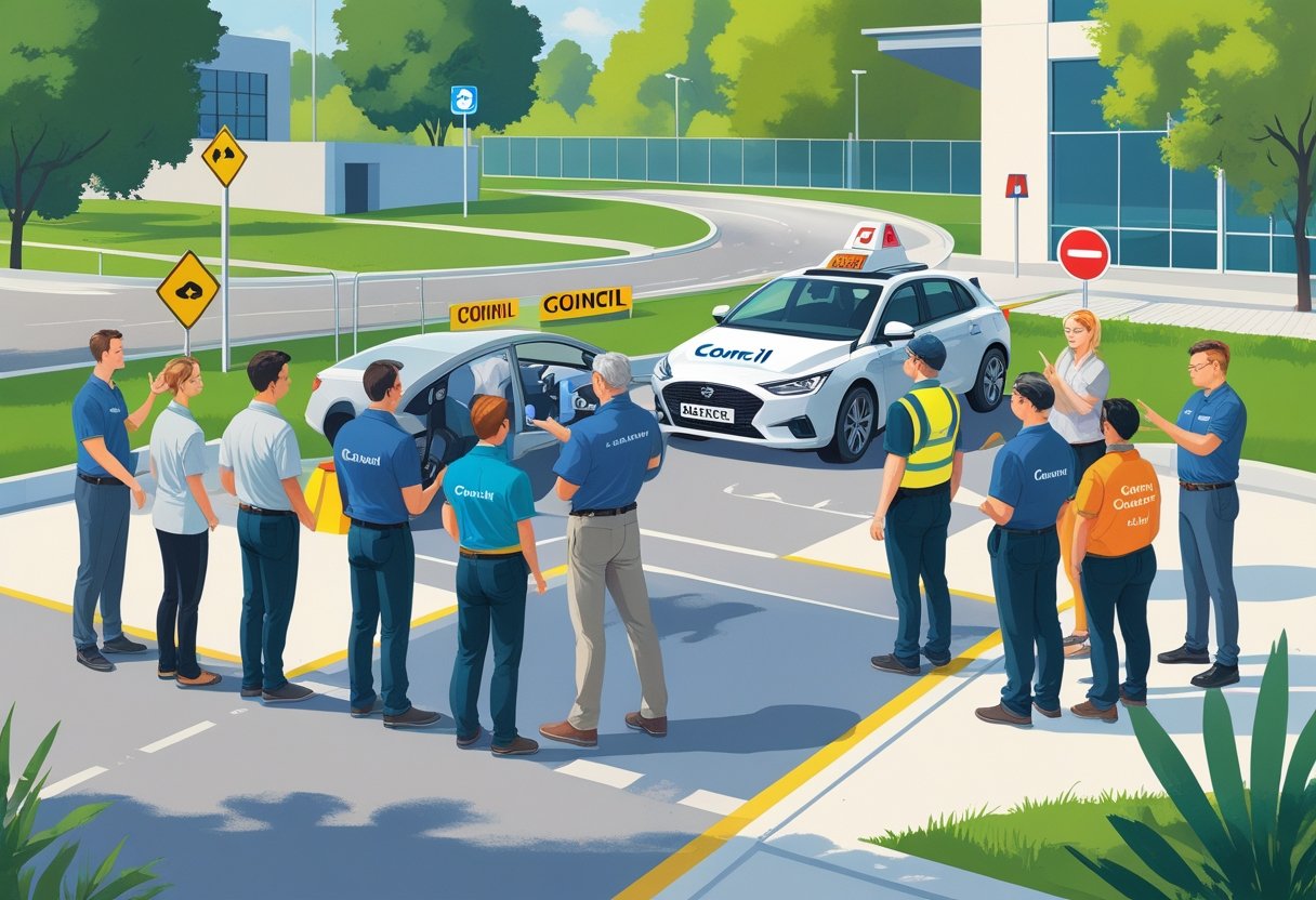 A group of adults attending a driving lesson outdoors with an instructor near a car and driving simulator in a town setting.