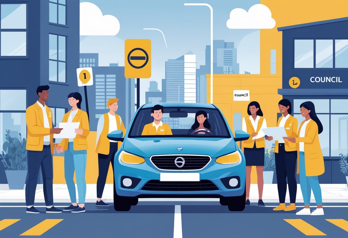 Council workers receiving guidance during a driving lesson and collaborating on tasks in an urban council setting.