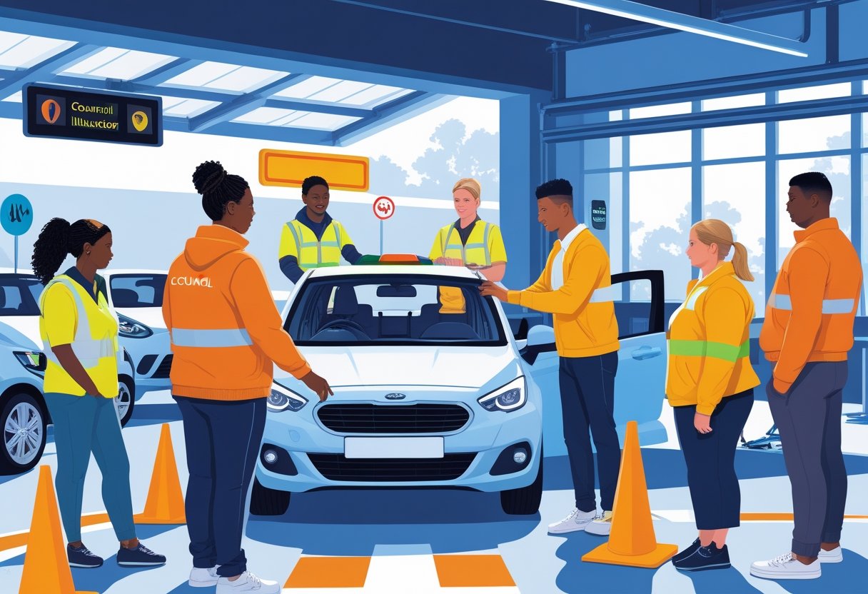 Council workers participating in a driving course with an instructor inside a car and others observing in a training facility.