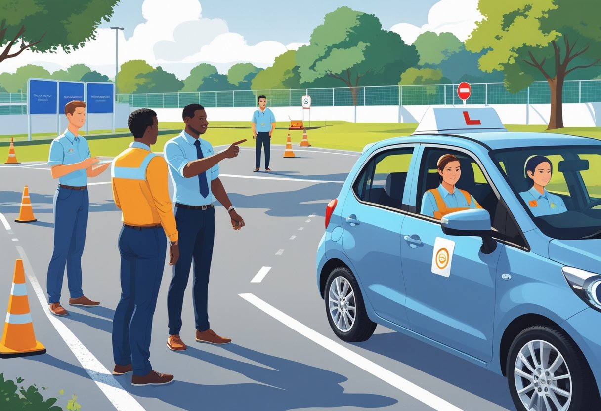 Civil servants in a driving lesson with an instructor in a driving school setting.