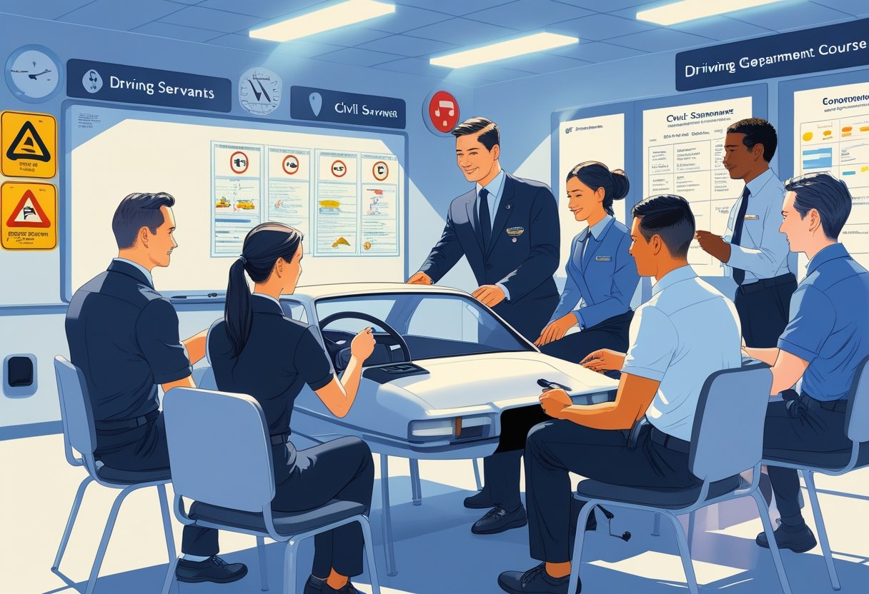 A group of civil servants participating in a driving course with an instructor in a driving school setting.