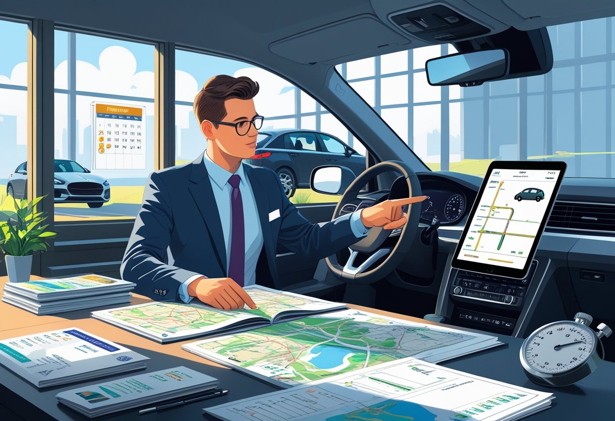 A civil servant studying driving materials with an instructor pointing at a tablet, a car visible outside a window, and a desk with driving-related items.