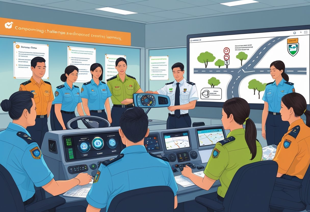 A group of civil servants in a training room learning advanced driving skills with an instructor using a driving simulator and digital displays.