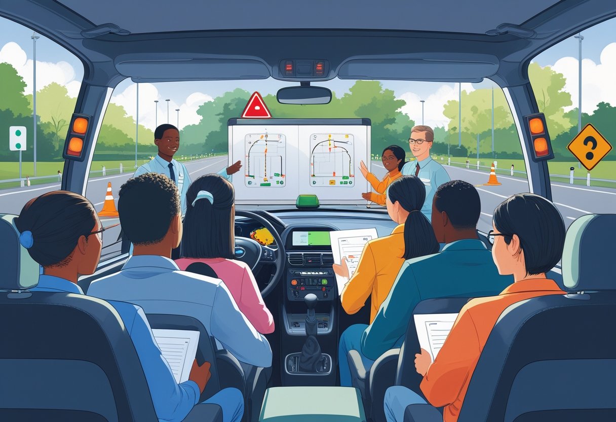 A group of civil servants learning to drive in a driving school with an instructor guiding them using a car simulator and road signs in the background.