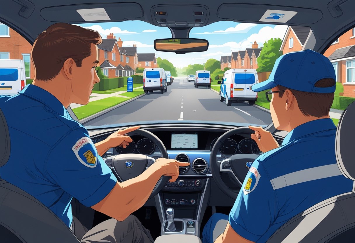 A postal worker in uniform is driving a car while an instructor points at the dashboard, with a suburban street visible outside the windows.