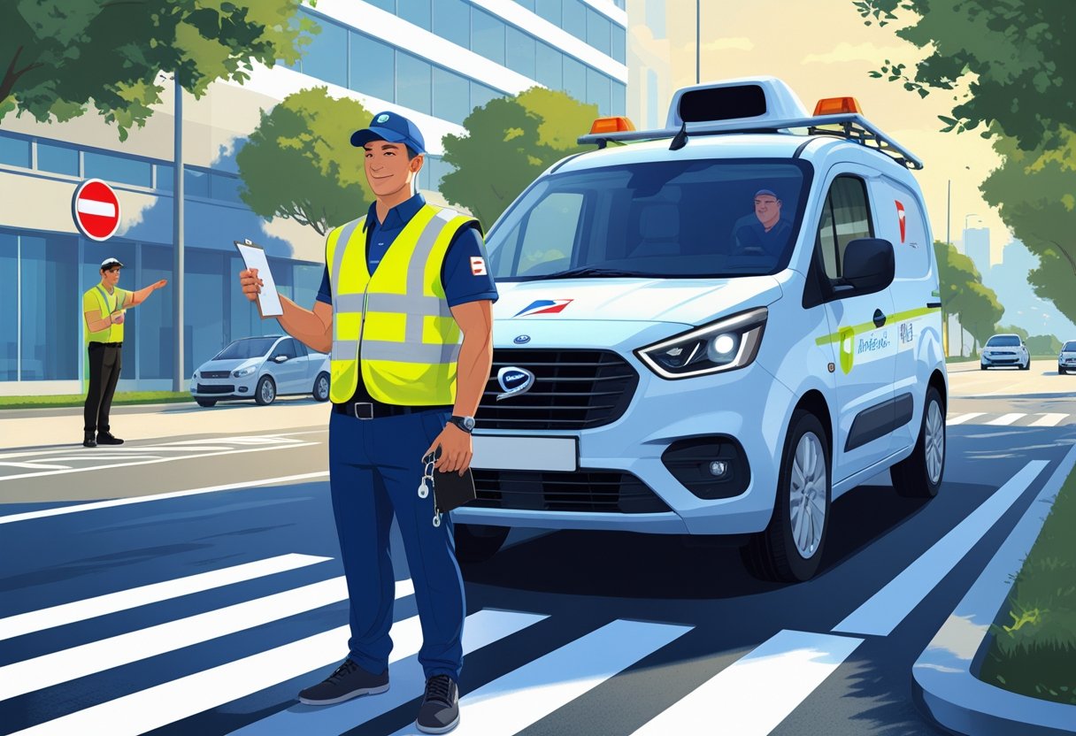 A postal worker in uniform stands beside a postal delivery vehicle on a city street while a driving instructor gives guidance.