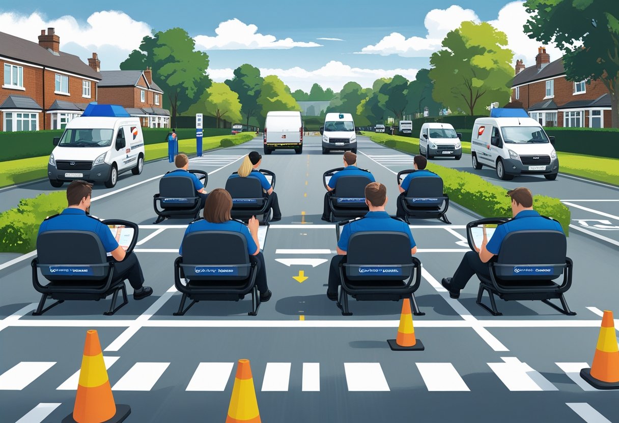 Postal workers in uniform taking a driving lesson inside training vehicles at a driving centre with road cones and a postal van nearby.