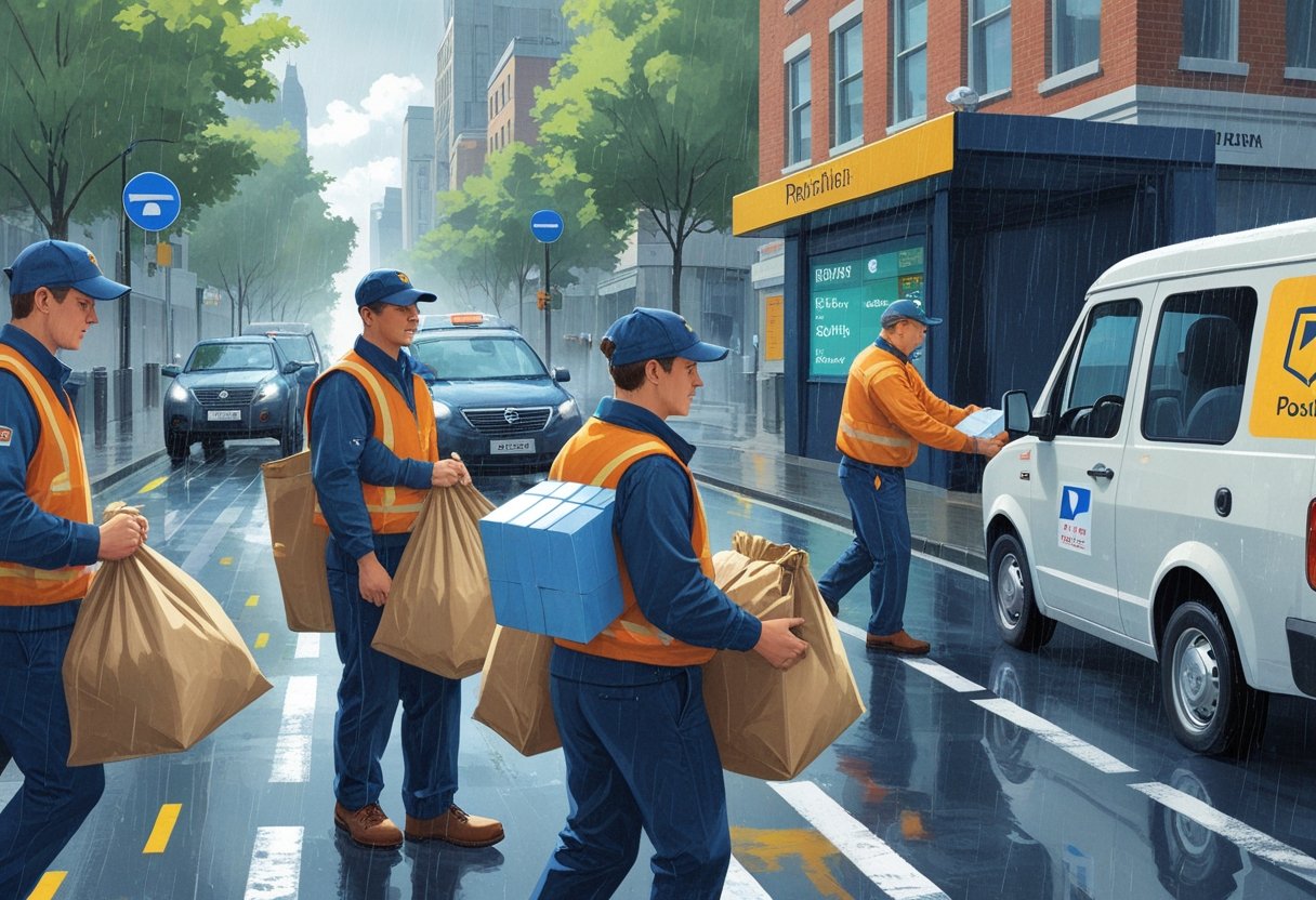 Postal workers delivering mail and parcels in various weather and traffic conditions, with a driving instructor helping one worker inside a training vehicle.