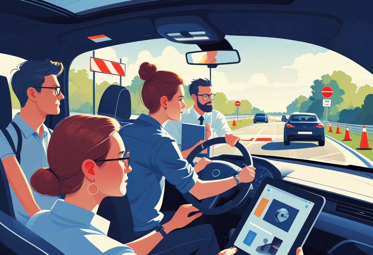 A group of freelancers learning to drive with an instructor in a driving school setting.