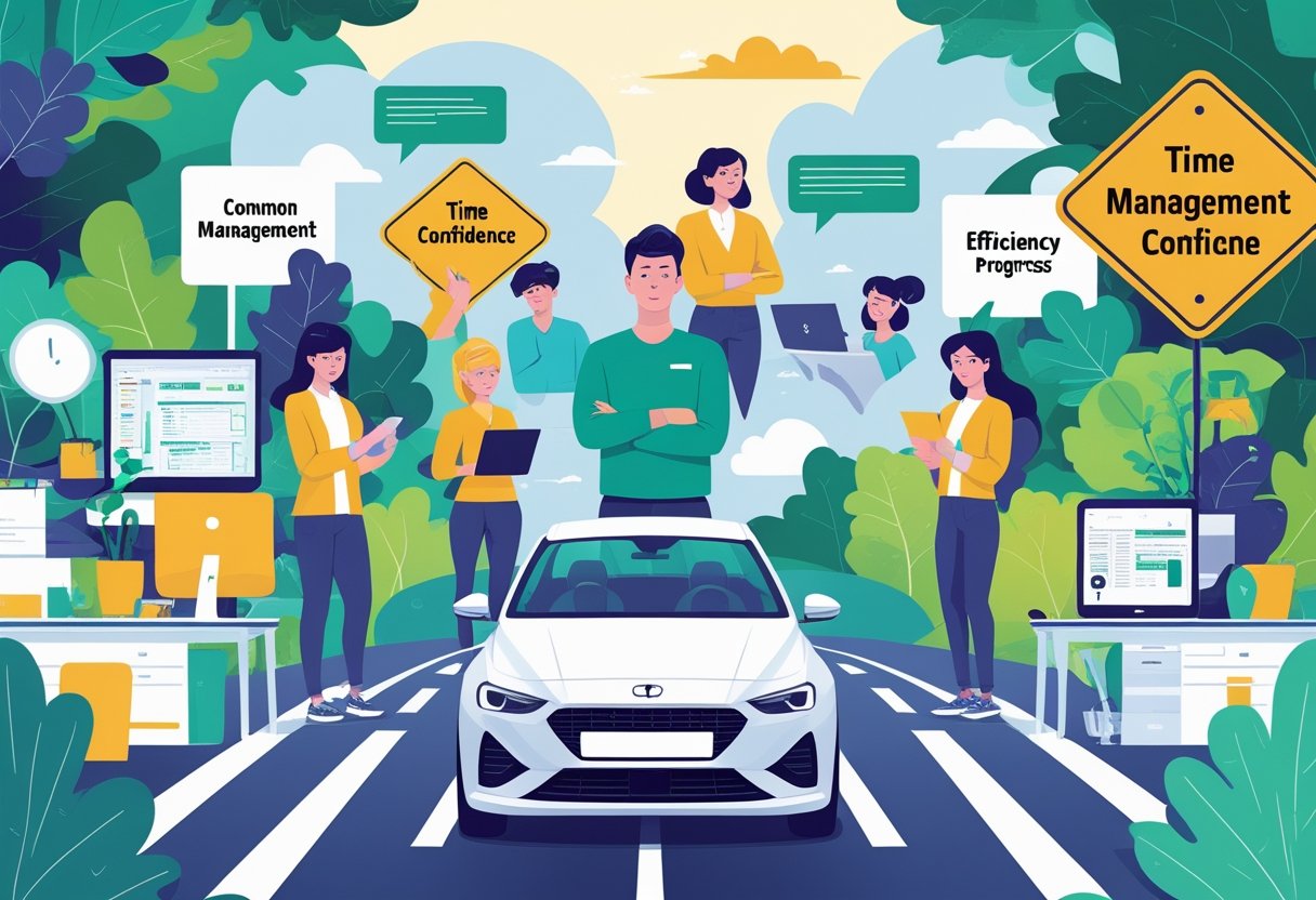 A group of freelancers working with visible challenges, while one person confidently drives a car on a clear road symbolising progress and skill development.