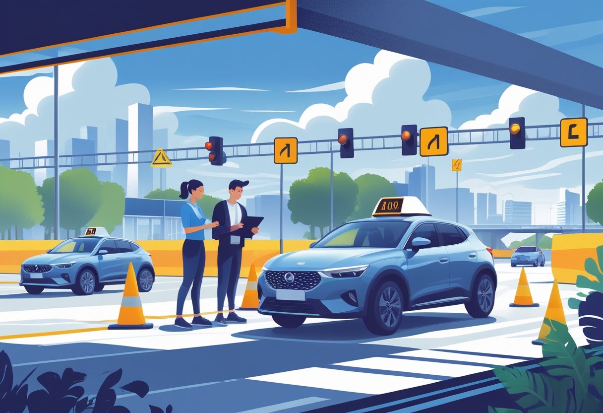 A driving instructor teaching an adult learner to drive on a training track with cones and signs, with a laptop and coffee cup nearby.