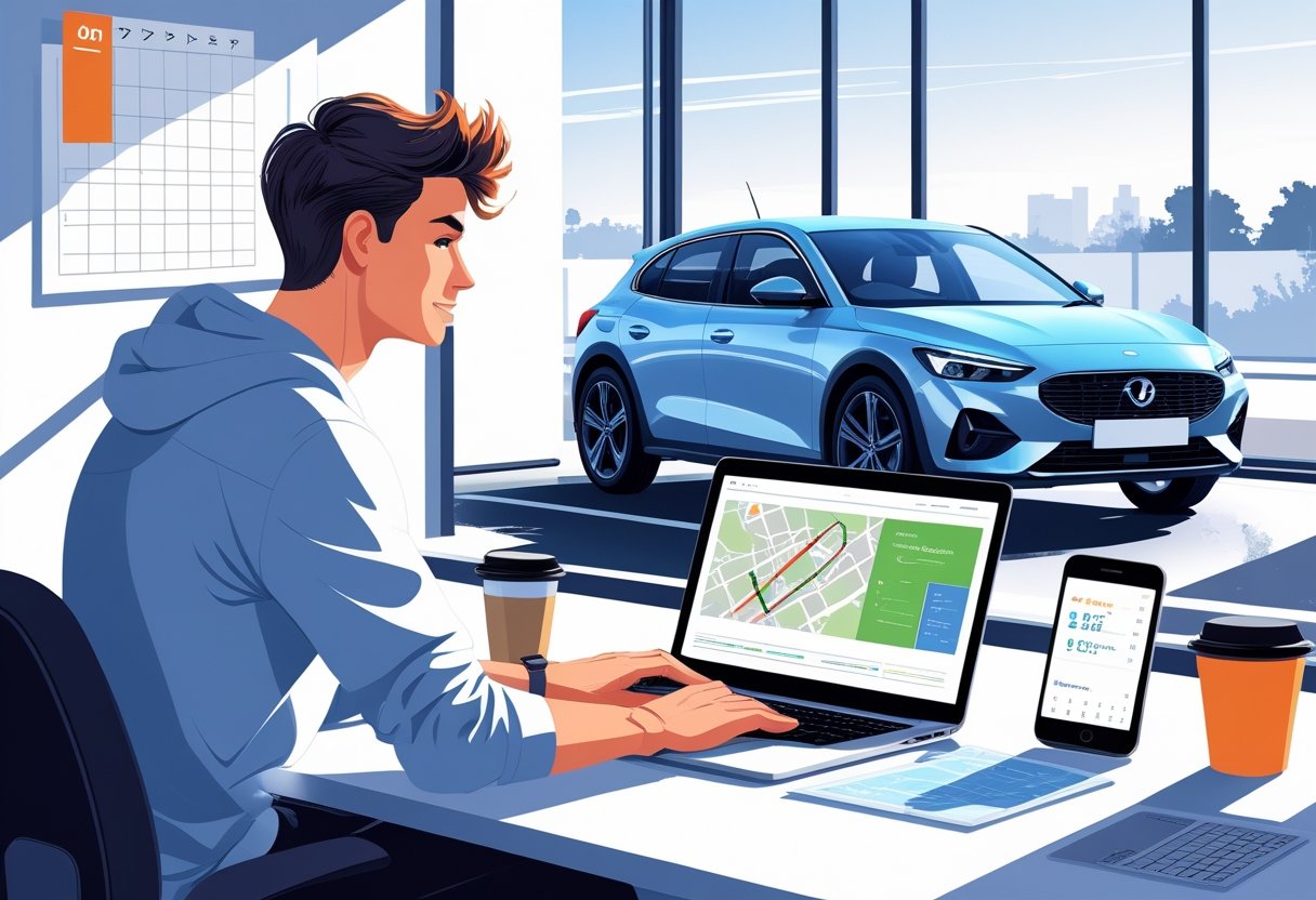 A young freelancer at a desk with a laptop, calendar, and smartphone, planning an intensive driving course with a car visible outside the window.