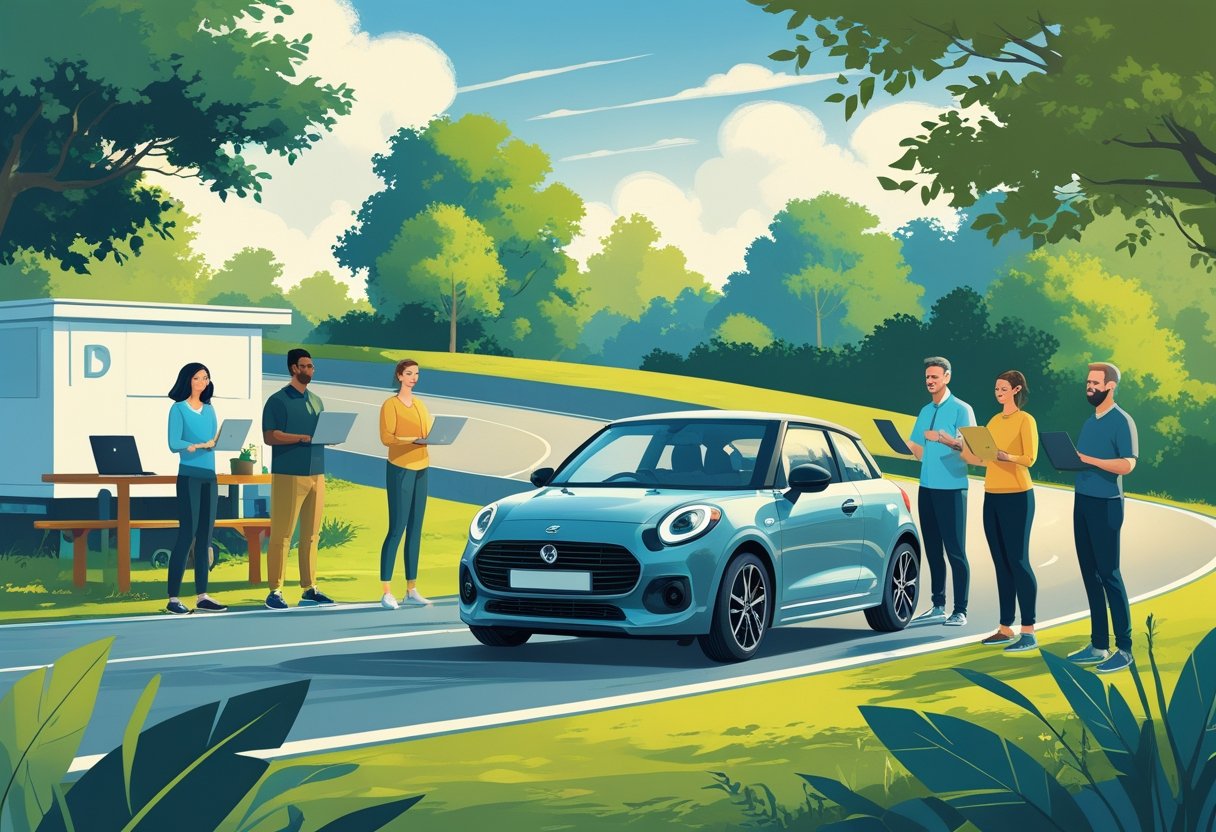 A group of adults at an outdoor driving course with one person driving a car while an instructor watches, and others nearby with laptops, blending work and driving training.