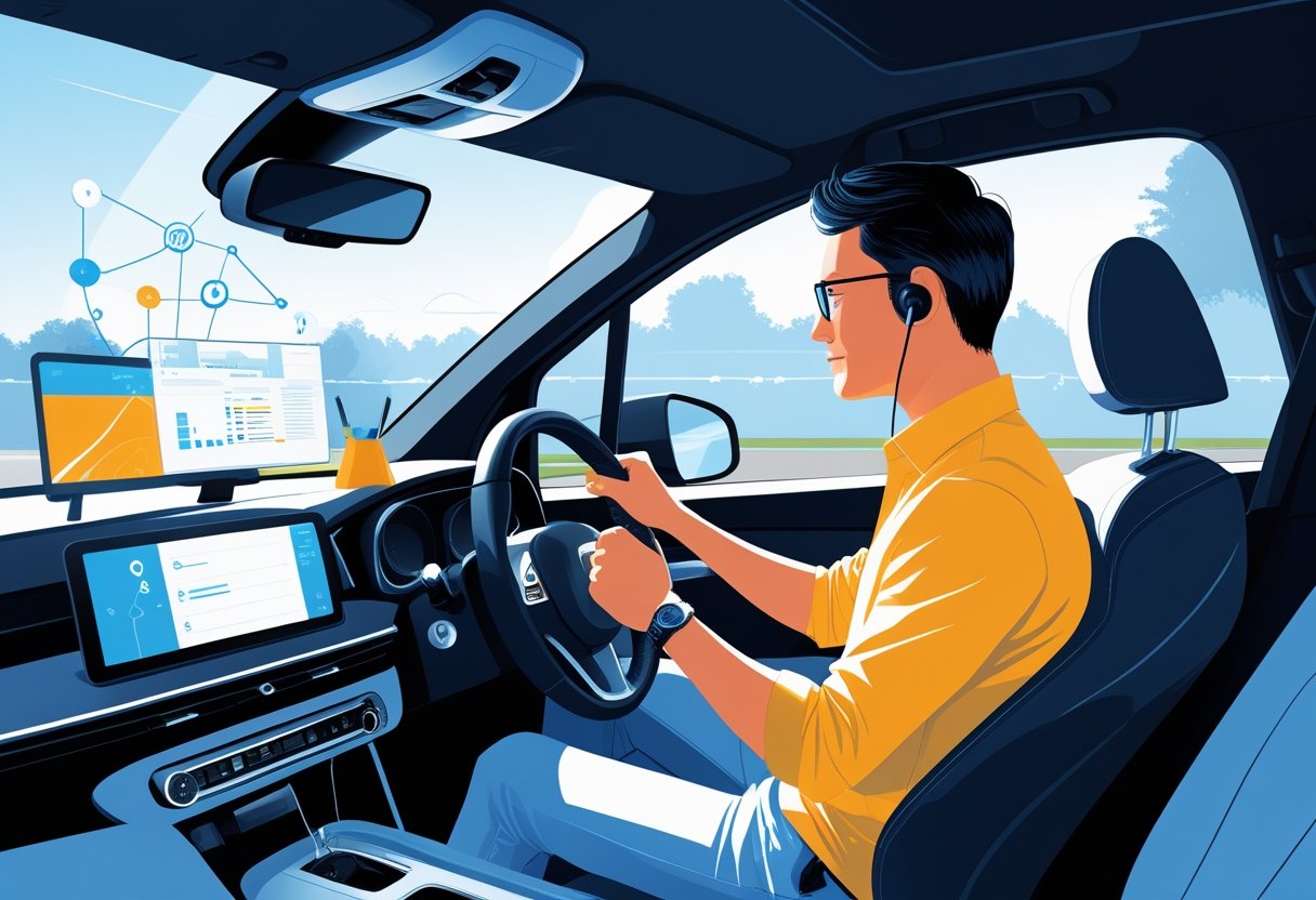 A remote worker focused on driving a car on a quiet suburban road, with digital icons and home office items visible outside the windows.