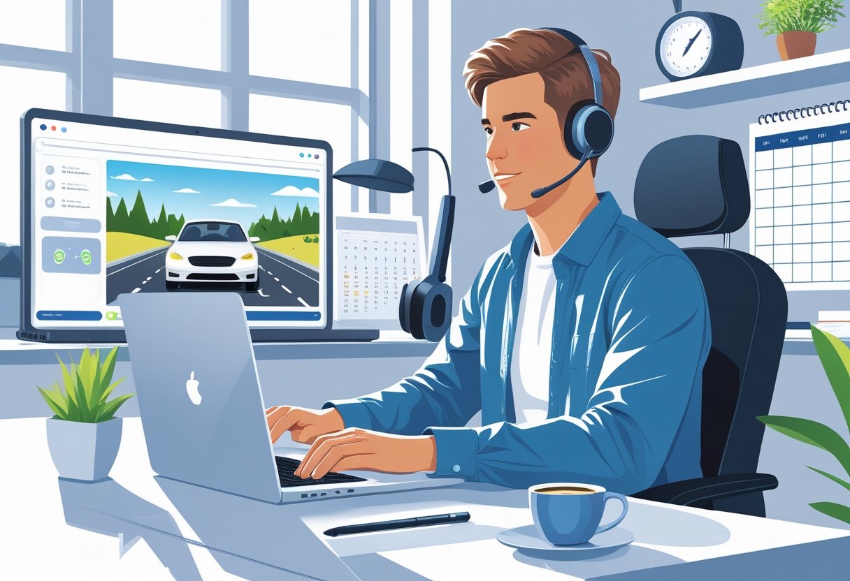 A remote worker at a home desk using a laptop with a driving simulator, showing a focused and organised workspace.