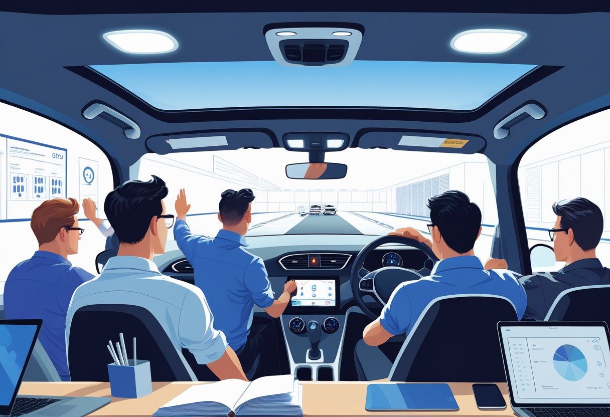 A group of remote workers learning to drive with an instructor in a modern driving school setting.