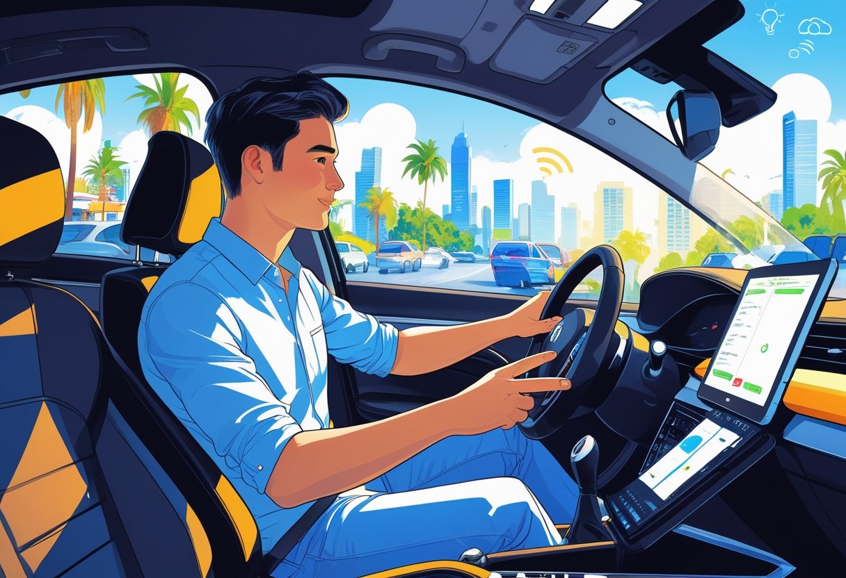 A person learning to drive in a modern car with a driving instructor beside them in an urban setting, with a laptop and smartphone visible inside the car.