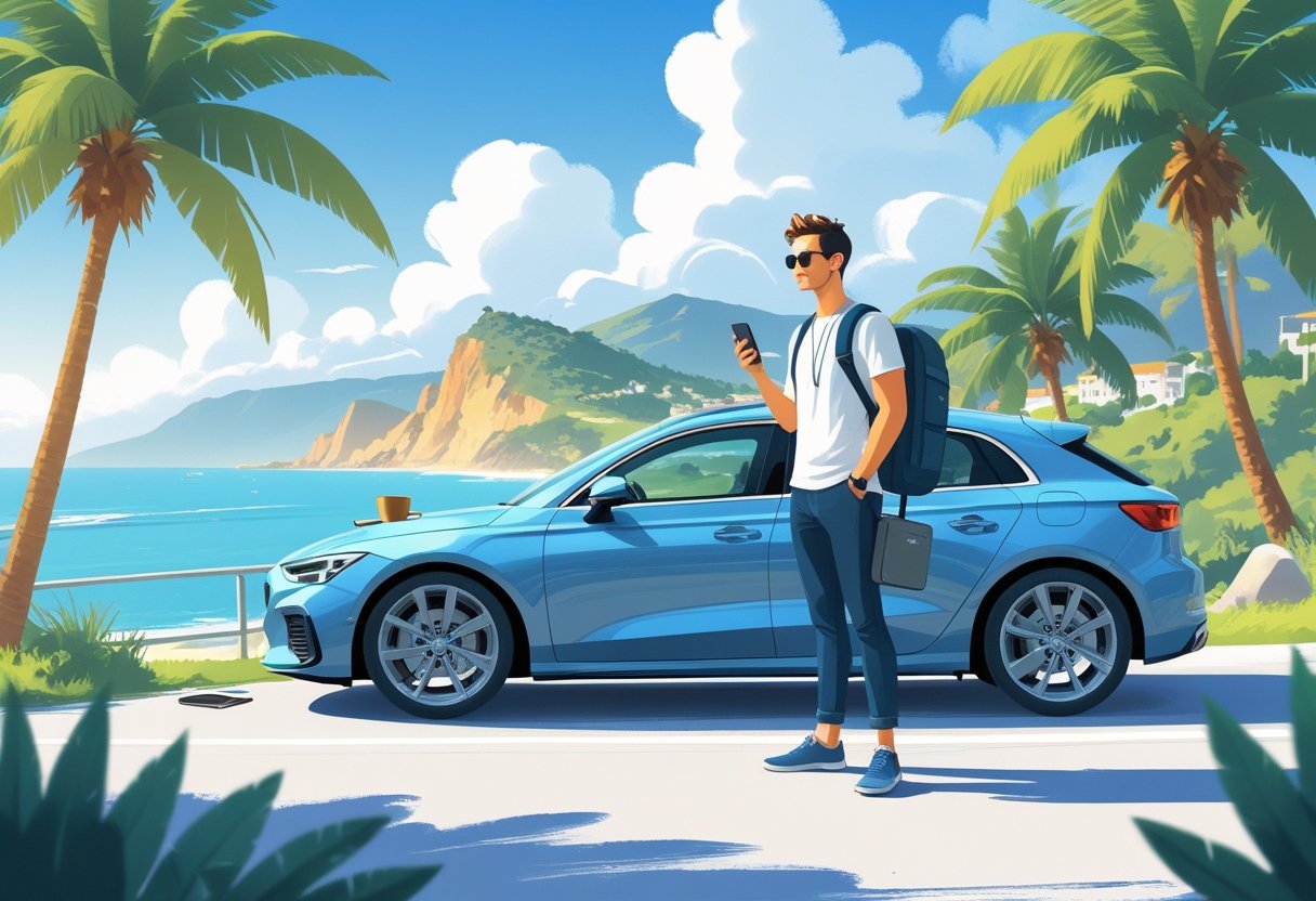 A young person standing beside a car on a coastal road with mountains and palm trees, holding a smartphone and a laptop bag.