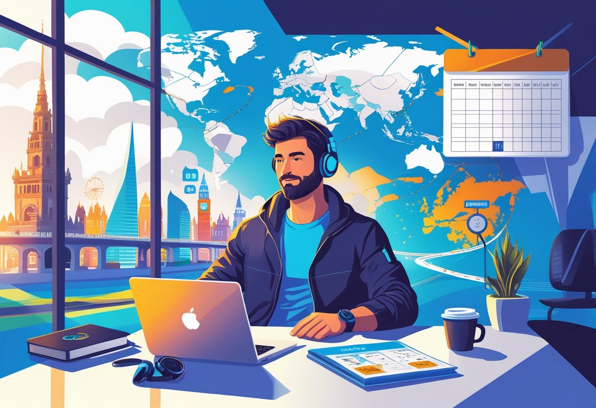 A digital nomad working at a laptop with travel items on the desk and a cityscape with a winding road in the background.