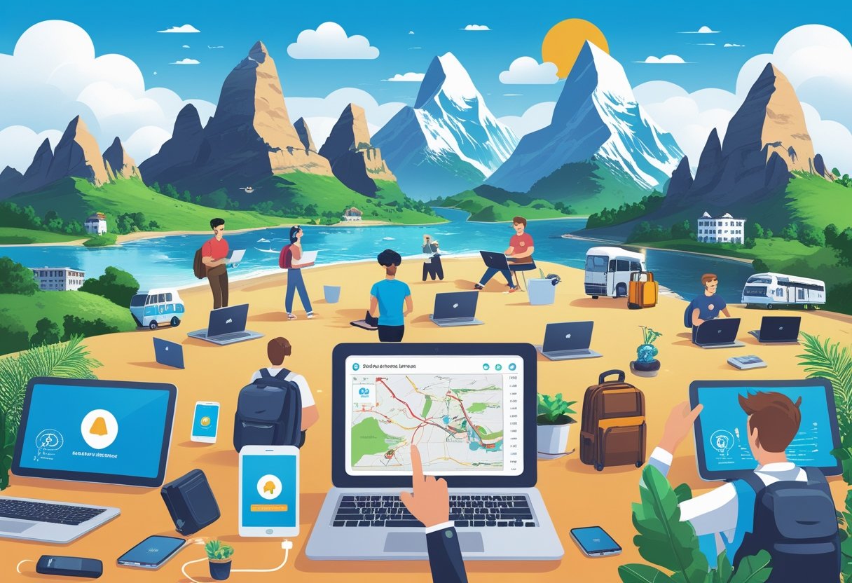 A group of digital nomads working outdoors in different locations, with one person showing a map and driving route to others, surrounded by travel and work-related items.