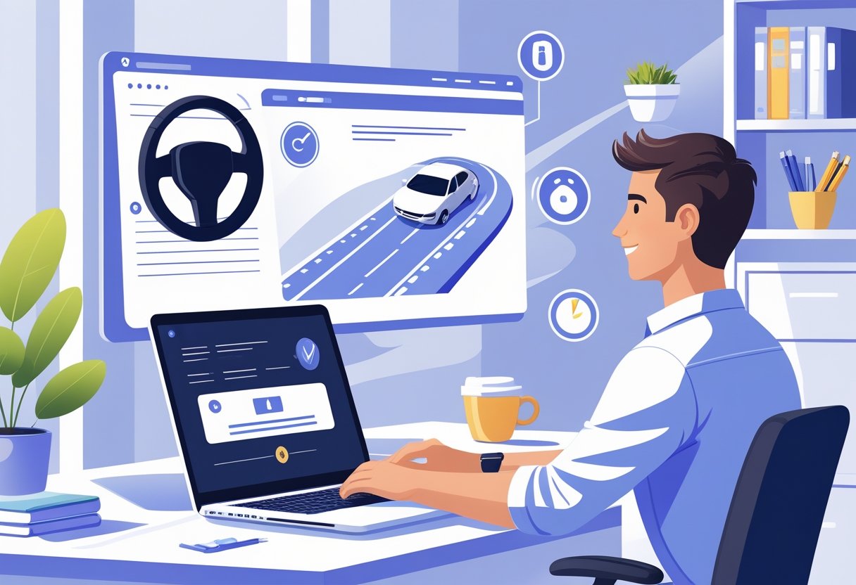 A driving instructor at a desk using a laptop for an online driving lesson, with digital icons of a steering wheel and road signs floating nearby in a home office.