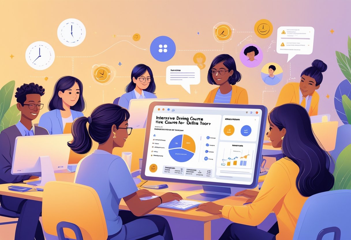 A group of online tutors working at computers in a virtual classroom, with visual elements representing challenges and support tools for improving their tutoring skills.