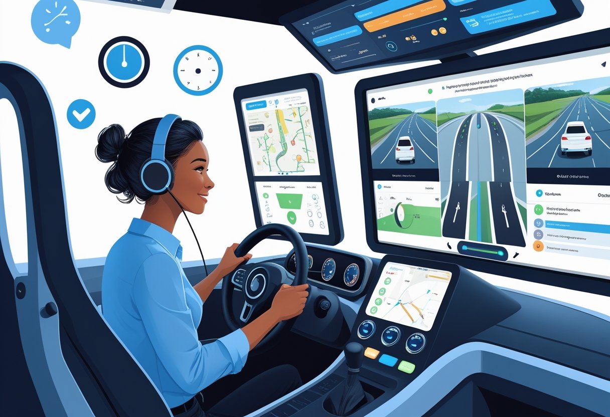 A virtual assistant using a driving simulator with screens showing driving scenarios and navigation maps in a modern learning environment.