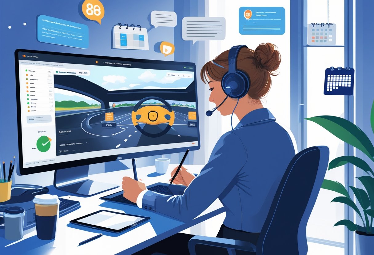 A person working at a desk with a computer showing driving simulation software, taking notes in a home office.