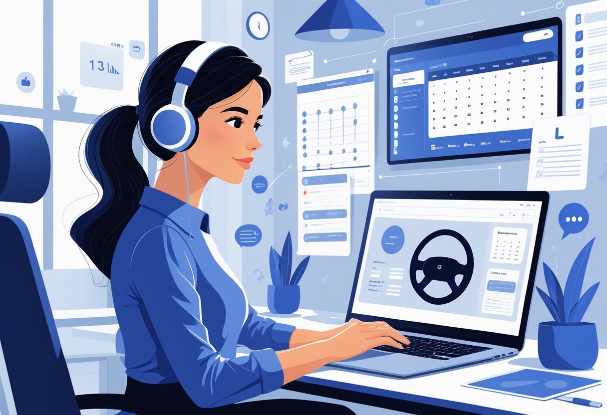 A virtual assistant working on a laptop at a home office, engaged in an online driving course with learning materials and digital tools around her.
