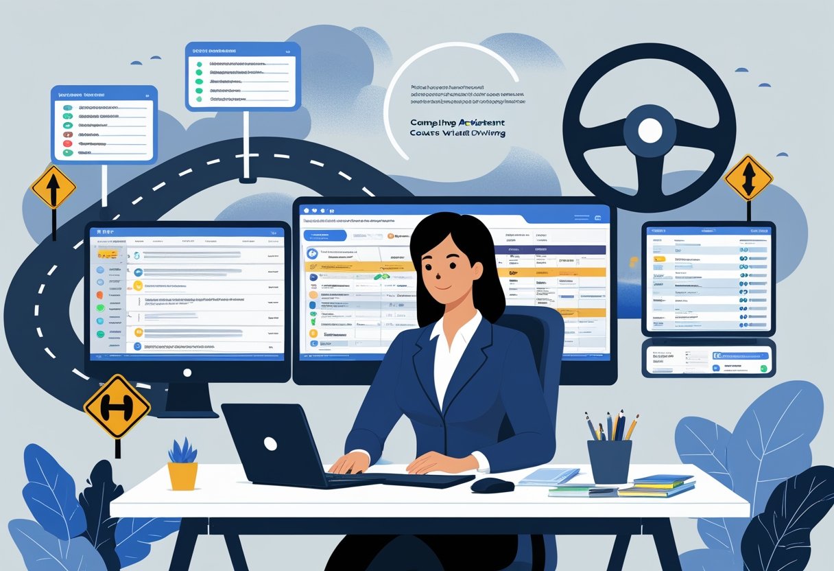 A virtual assistant working at a desk with multiple screens showing busy schedules and emails, alongside a mentor guiding them using a tablet, with visual elements representing challenges and support.